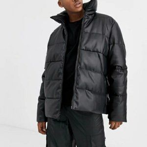 Vintage Faux Leather Puffer Winter Jacket